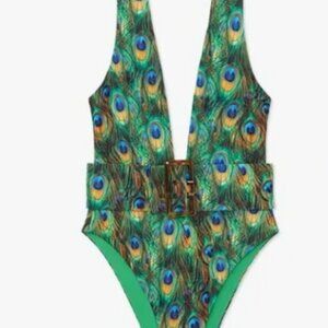 WeWoreWhat Peacock Print Plunge Belted Swimsuit